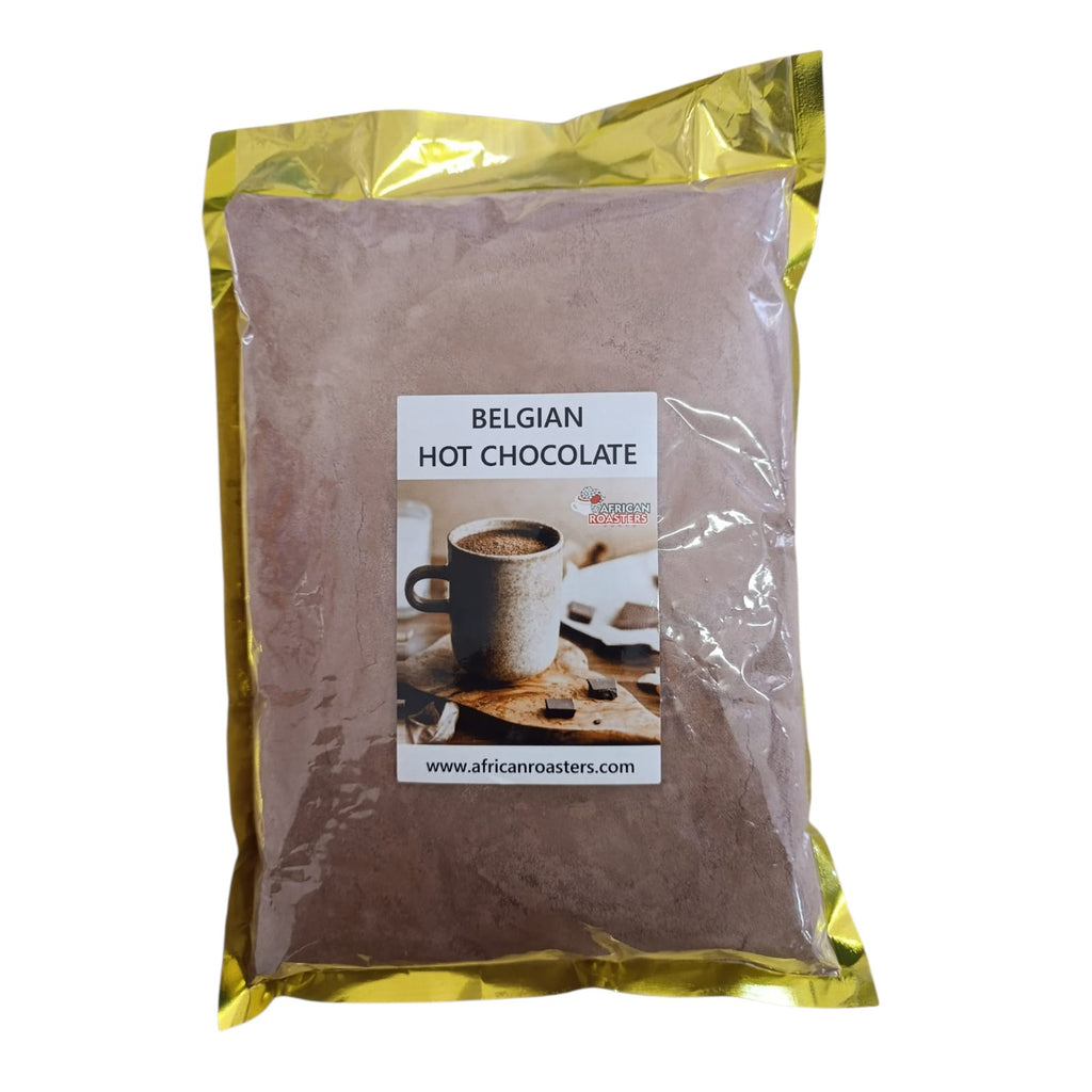 Bulk Packaging of Belgian hot chocolate with a visible brand label on a white background