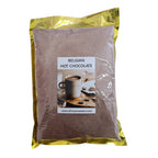 Bulk Packaging of Belgian hot chocolate with a visible brand label on a white background