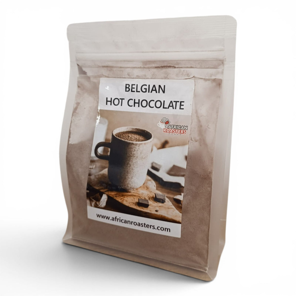 Bag of Belgian hot chocolate with a label featuring a mug of hot chocolate.