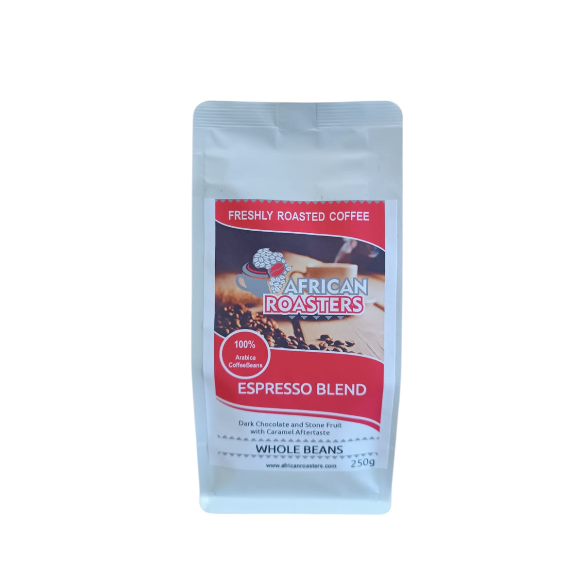 Coffee package labeled 'African Roasters' on a white background