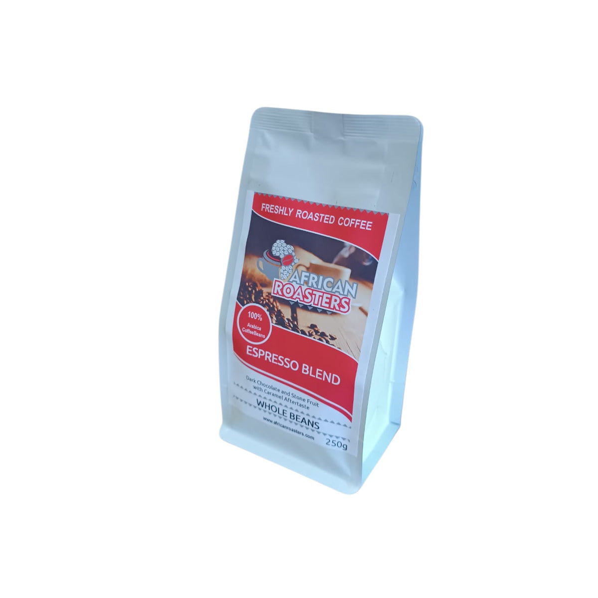 Coffee bag labeled 'African Roasters' on a white background