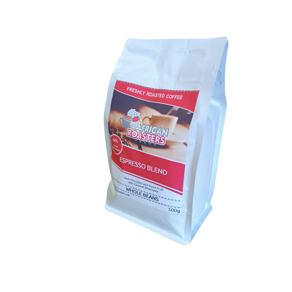Bag of African Roasters Espresso Blend 500g coffee on a white background