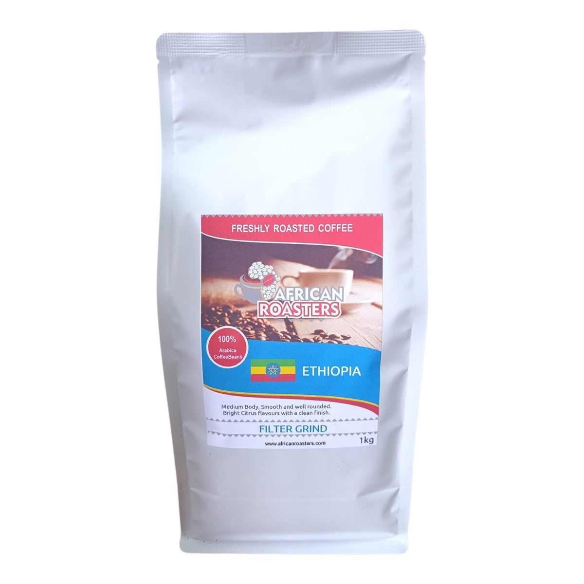 A 1kg white stand-up pouch of African Roasters Ethiopia Filter Grade coffee, featuring a colorful label with red, blue, and yellow sections on a white background.