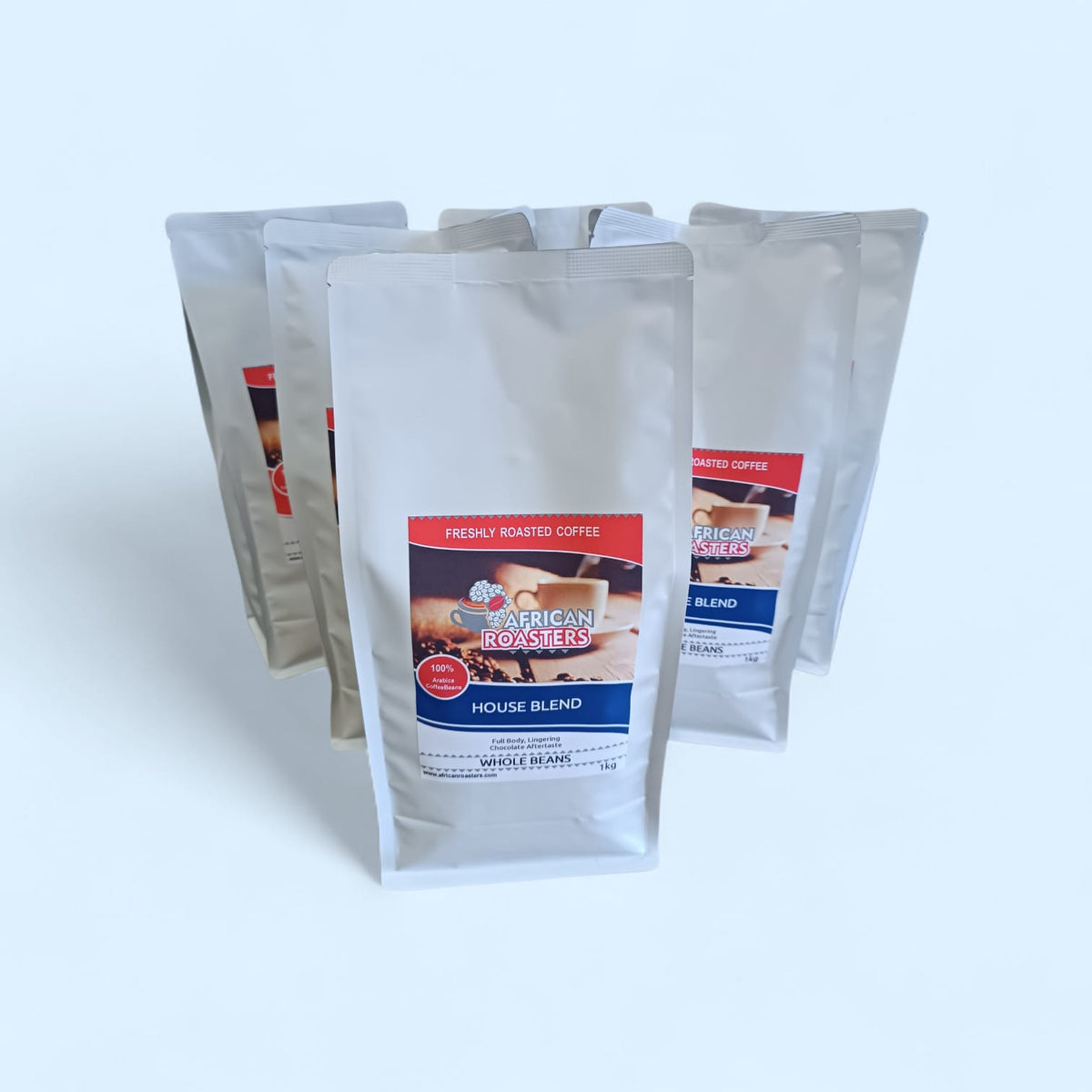 Coffee bags with 'African Roasters' label on a white background