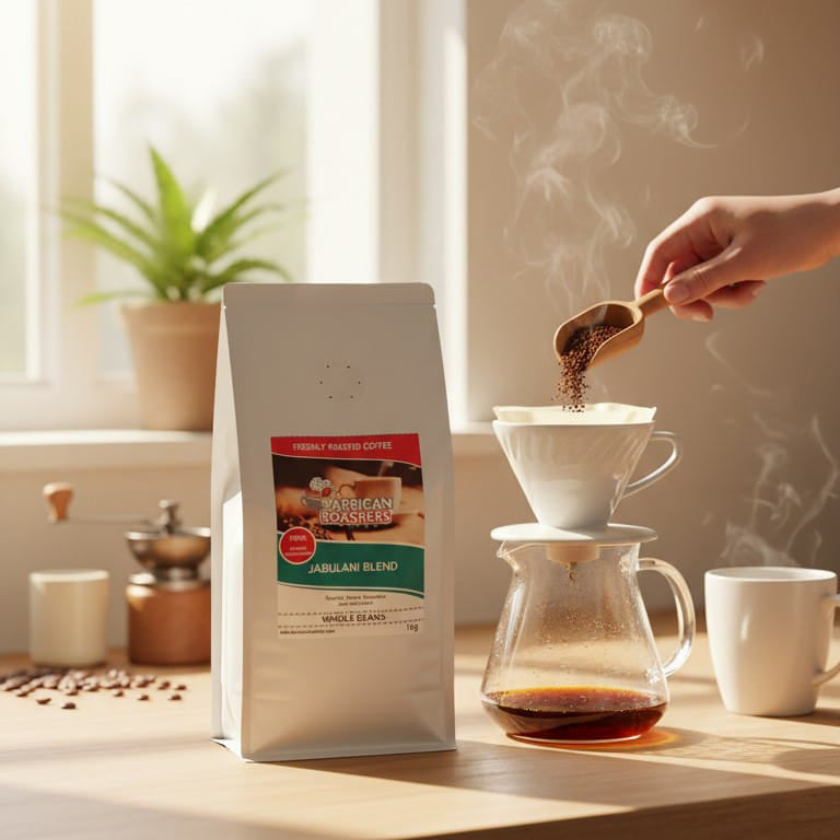 Person pouring coffee from a bag into a filter on a kitchen counter.