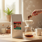 Person pouring coffee from a bag into a filter on a kitchen counter.