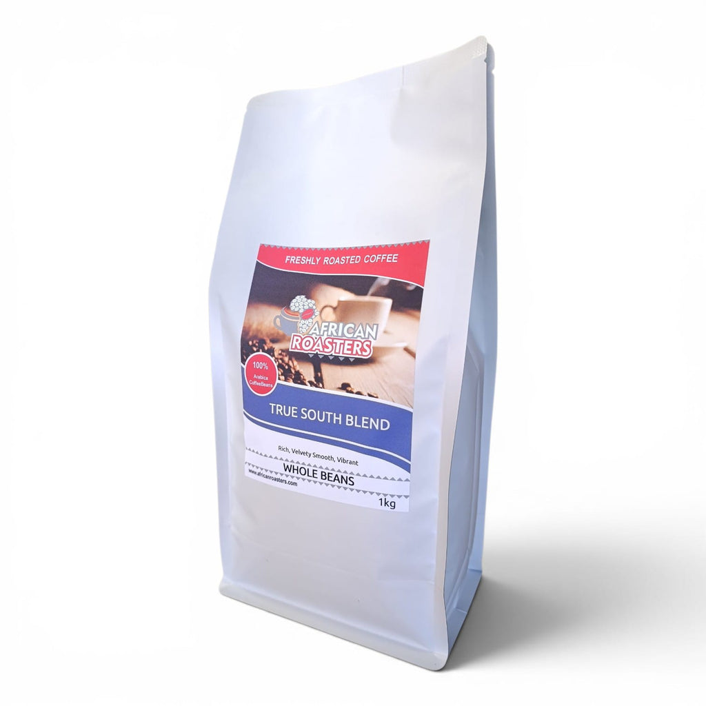 White coffee bag with a label on a white background