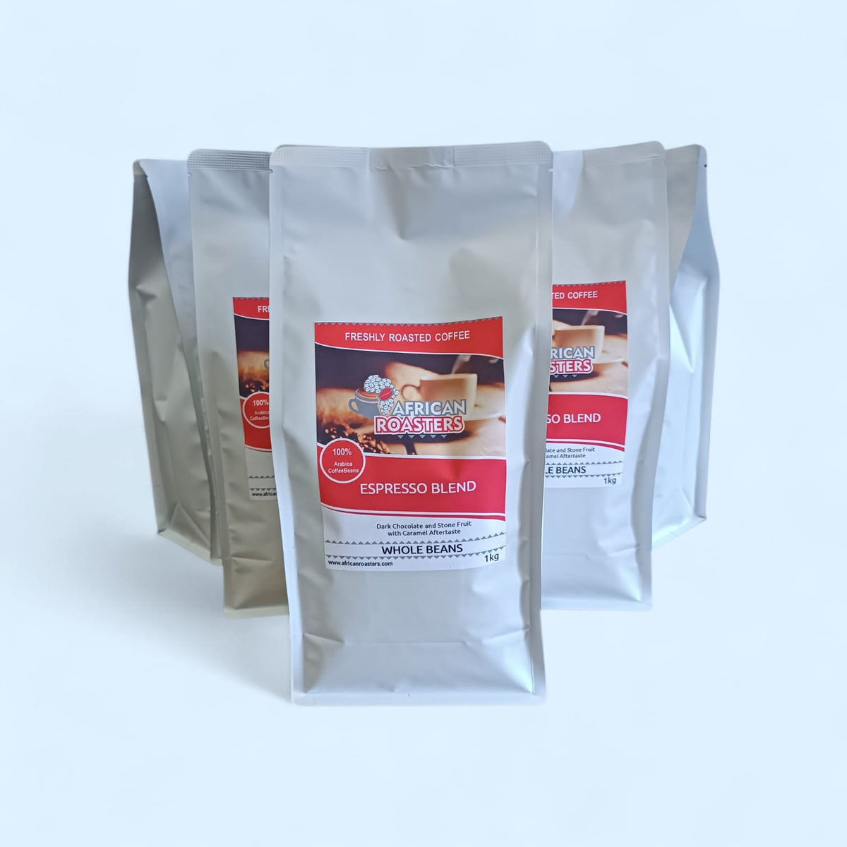 Bulk coffee bags with 'African Roasters' label on a white background
