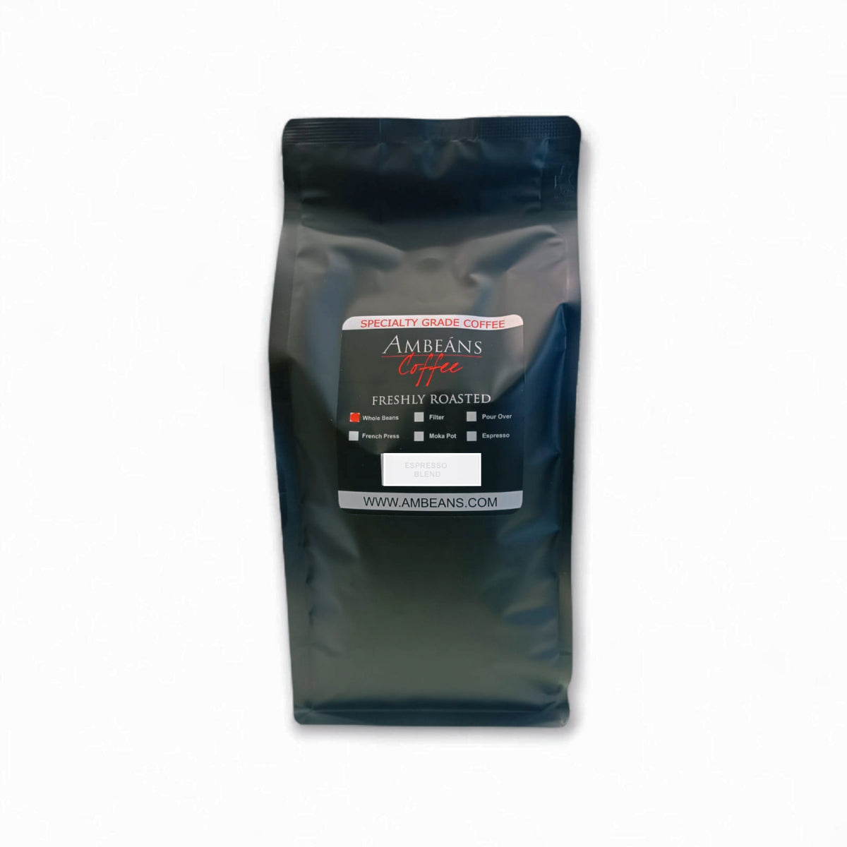 Coffee bag with 'Ambeans Coffee' branding on a white background