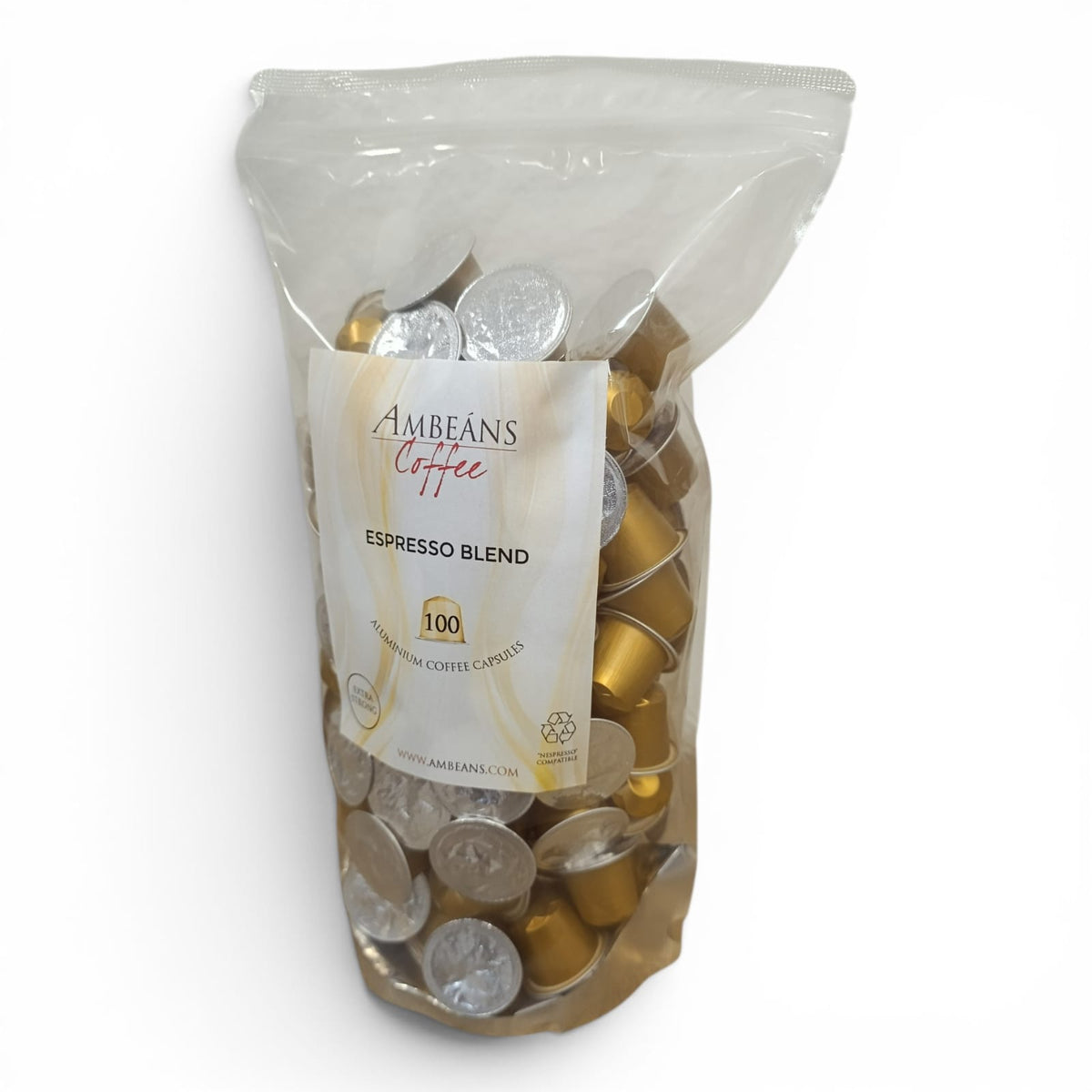 Pack of Ambeans Coffee Espresso Blend capsules on a white background