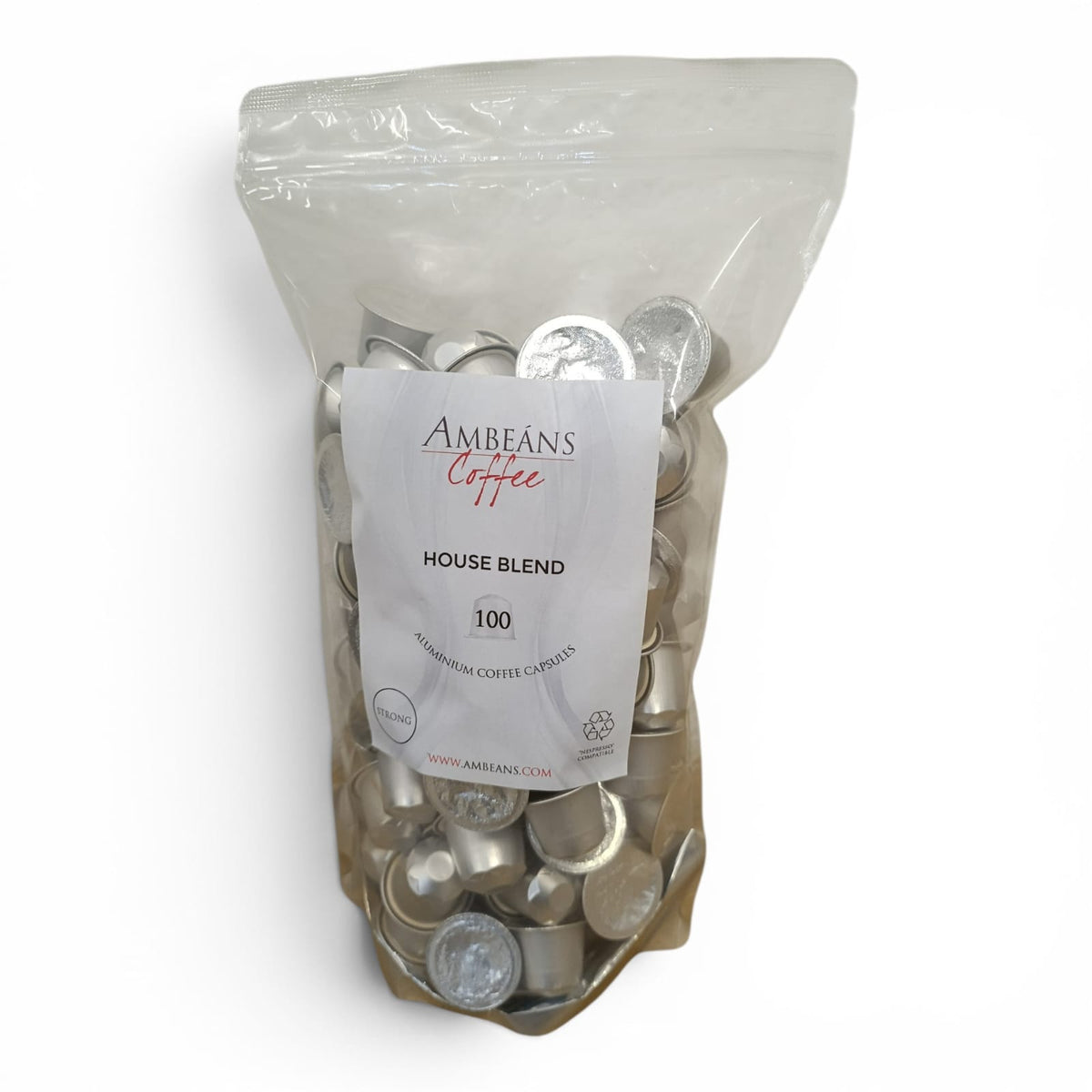 Bag of Ambeans Coffee House Blend capsules on a white background